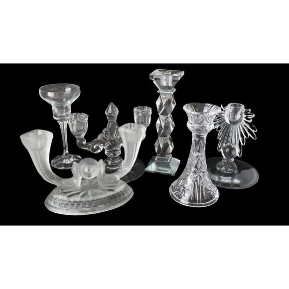 6 Curated Vintage Clear Candlestick Holders Single & Double - Picture 1 of 7